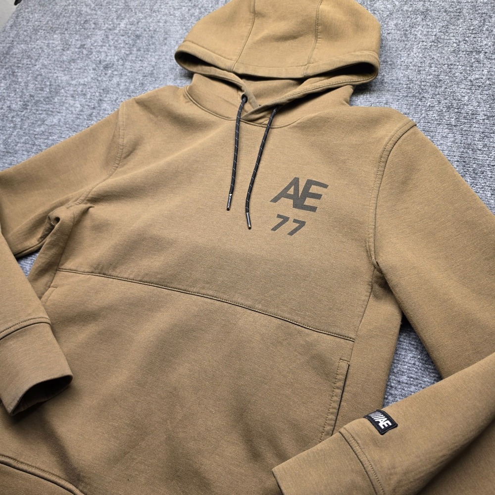 American Eagle Mens XS Hoodie Sweatshirt AE 77 Tan Khaki Active Pullover Stretch